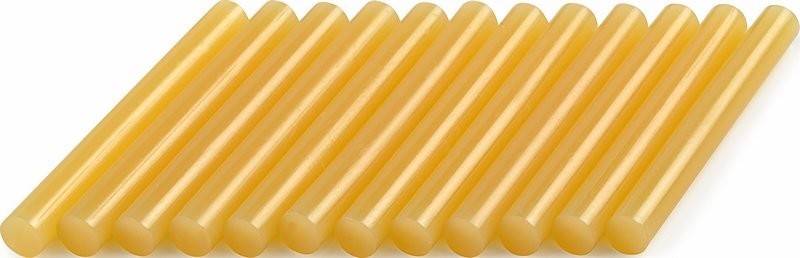 Mehrere längliche, gelbe Röhren sind in parallelen Reihen angeordnet, was eine einheitliche Anordnung oder eine mögliche Produktpräsentation andeutet.