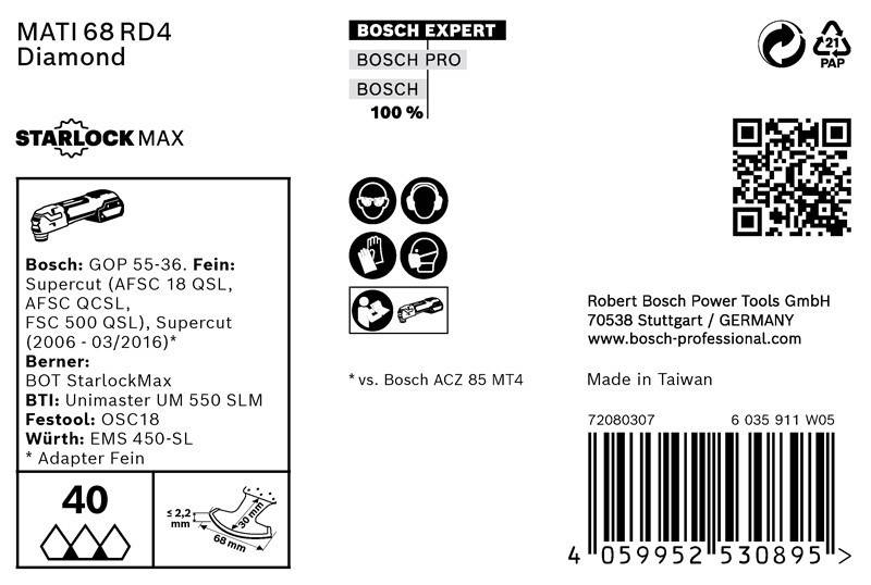 Verpackungsbild für das Bosch Expert Produkt. Es enthält das Produktlogo, Spezifikationen, Symbole für Schutzausrüstung und Boschs Kontaktinformationen. Hergestellt in Taiwan.