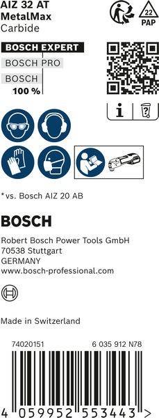 Die Produktverpackung von 'Bosch' zeigt Logos für Schutz, Anweisungen und eine mehrsprachige Website 'bosch-professional.com' für weitere Informationen.