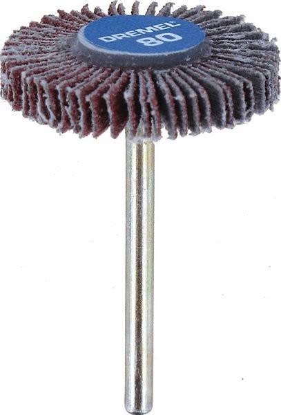 Ein rundes Schleiflamellenschleifrad mit gleichmäßig angeordneten Schleifpapierlamellen, die an einer Metallstange befestigt sind und zum Glätten von Oberflächen verwendet werden.