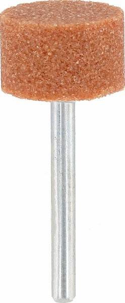Ein zylindrischer, orangefarbener Schleifstein mit einem glänzenden Metallschaft, der als Zubehör für Drehwerkzeuge zum Formen oder Glätten von Oberflächen verwendet wird.