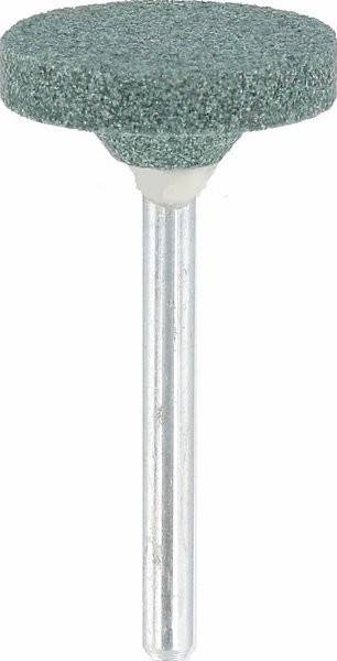 Ein metallischer Bohrer mit einem zylindrischen Schaft und einer runden, türkisfarbenen Schleifspitze, der zum Polieren oder Schleifen von Oberflächen entwickelt wurde.