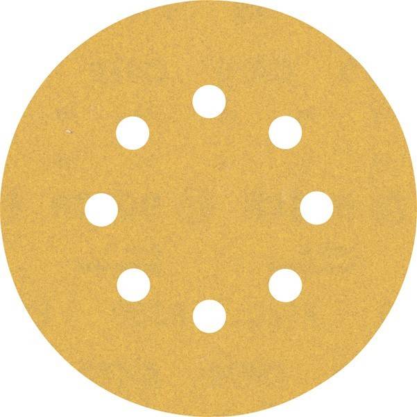 Eine runde Schleifpapierscheibe mit acht gleichmäßig verteilten Löchern, die typischerweise zum Schleifen von Oberflächen in Verbindung mit einem Elektrowerkzeug verwendet wird.