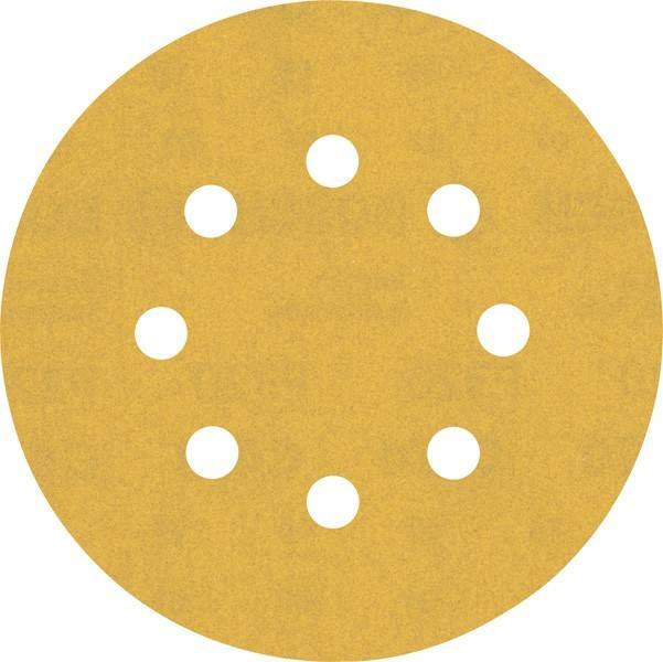 Ein rundes Stück Schleifpapier mit acht gleichmäßig verteilten Löchern, die in einem Kreis angeordnet sind.