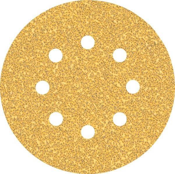 Runde Schleifscheibe mit acht gleichmäßig verteilten Löchern zur Staubableitung, verwendet zum Schleifen und Glätten von Oberflächen.