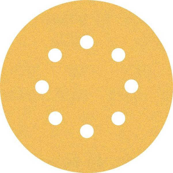Eine runde, gelbe Schleifpapierscheibe mit acht gleichmäßig verteilten Löchern.