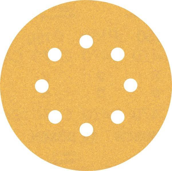 Eine kreisrunde Schleifpapierscheibe mit acht gleichmäßig verteilten Löchern.