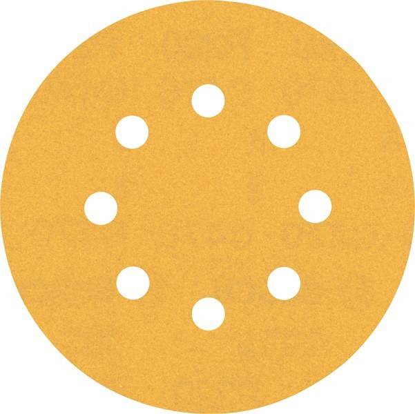 Ein rundes Stück Schleifpapier mit acht gleichmäßig verteilten Löchern, das für ein Schleifwerkzeug verwendet wird, auf weißem Hintergrund.