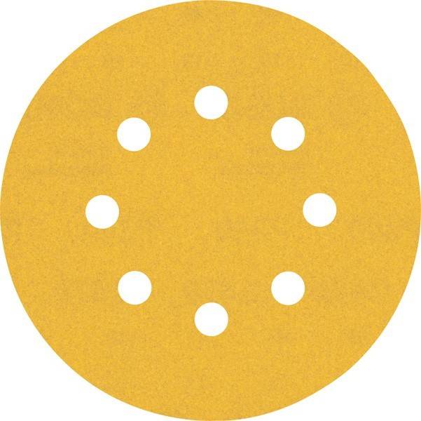 Eine runde gelbe Schleifpapierscheibe mit acht gleichmäßig verteilten Löchern, die in einem kreisförmigen Muster angeordnet sind.