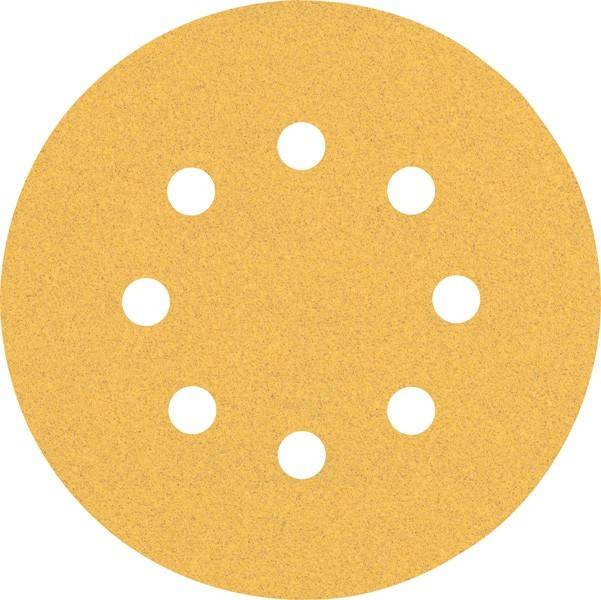 Ein rundes Stück groben Schleifpapiers mit acht gleichmäßig verteilten Löchern, das zum Schleifen von Oberflächen verwendet wird.