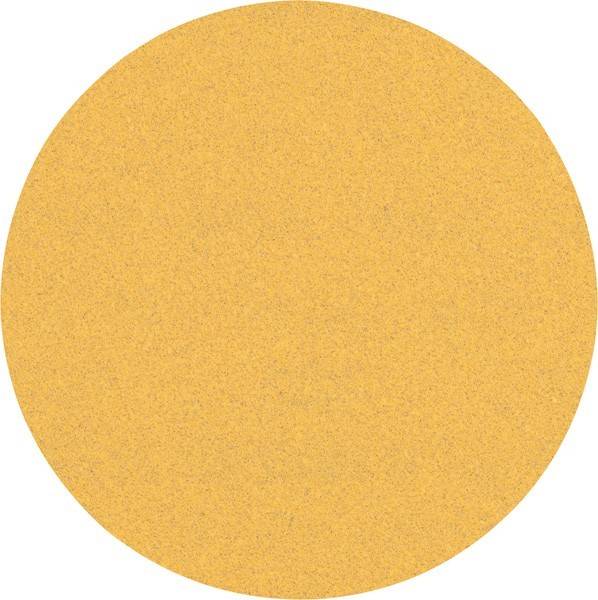 Eine runde, flache Scheibe mit einer strukturierten, sandartigen Oberfläche, die in einem soliden, warmen Gelb erscheint.