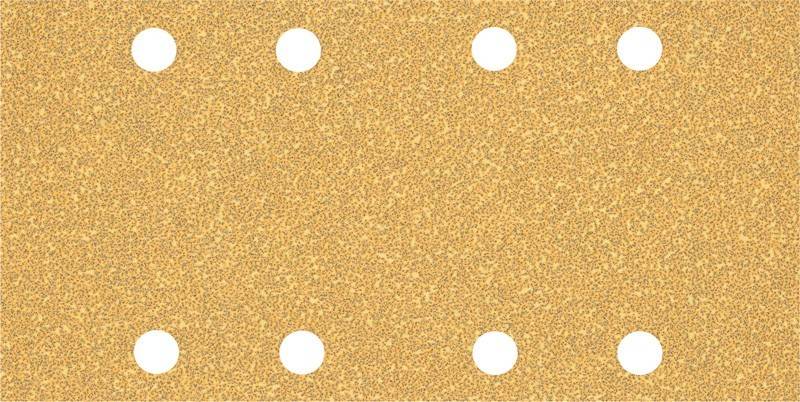 Ein strukturiertes quadratisches Stück Schleifpapier mit vier gleichmäßig verteilten kreisrunden Löchern, das zum Schleifen von Oberflächen verwendet wird.