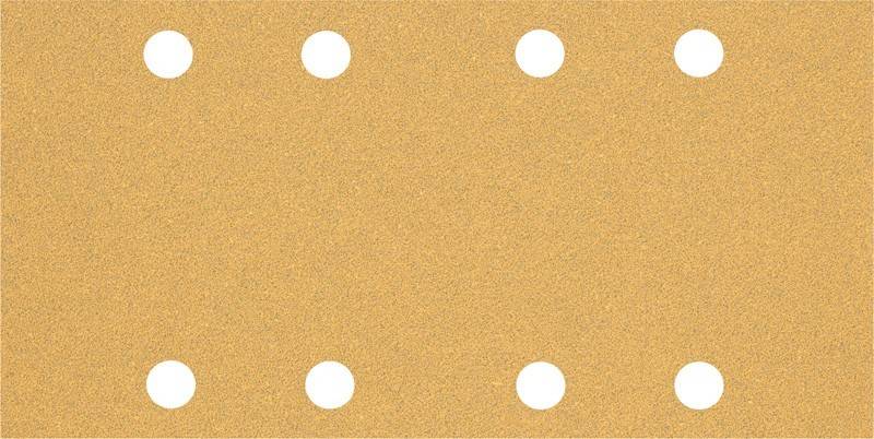 Ein quadratisches Schleifpapierblatt mit grober Textur, das vier gleichmäßig angeordnete runde Löcher aufweist.