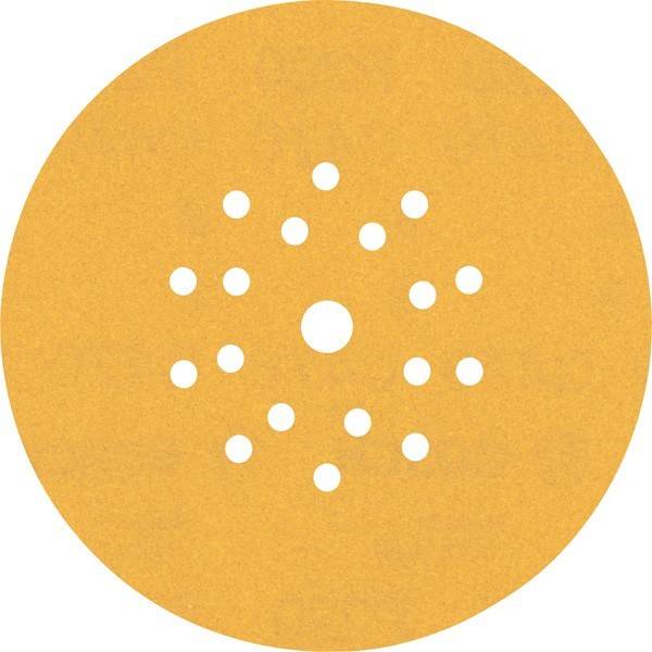 Eine runde Schleifpapierscheibe mit mehreren Löchern zur Verwendung mit einem Elektroschleifer, entwickelt für eine effiziente Staubsammlung.