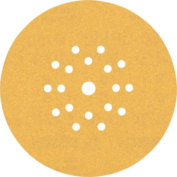Runde, gelochte Schleifpapier-Scheibe mit mehreren Löchern, die zum Schleifen von Oberflächen verwendet wird.