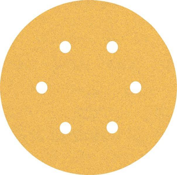 Ein rundes Schleifpapierstück mit sechs gleichmäßig verteilten Löchern.