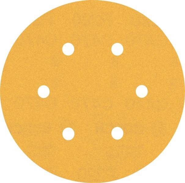 Eine runde gelbe Schleifpapierscheibe mit sechs gleichmäßig verteilten Löchern zur Befestigung an einem Schleifgerät, die zum Glätten von Oberflächen verwendet wird.