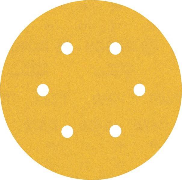 Eine runde, gelbe Schleifscheibe mit sechs gleichmäßig verteilten Löchern, die zum Schleifen von Oberflächen bei Werkzeugen wie Exzenterschleifern verwendet wird.