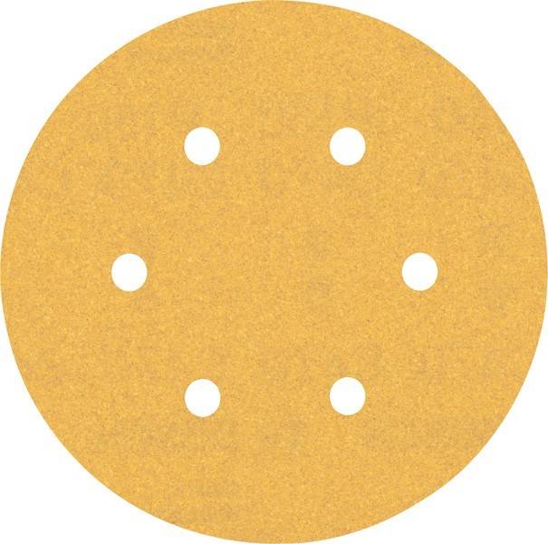 Eine runde, gelbe Schleifpapier-Scheibe mit sechs gleichmäßig verteilten Löchern.