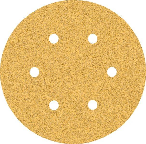 Eine runde, goldfarbene Schleifpapierscheibe mit sechs gleichmäßig verteilten Löchern, die zum Schleifen und Glätten von Oberflächen verwendet wird.