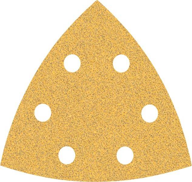 Dreieckiges Schleifpapierblatt mit sechs gleichmäßig verteilten Löchern, entwickelt zur Befestigung an einem geeigneten Schleifwerkzeug für Holzbearbeitungs- oder Oberflächenbehandlungsaufgaben.