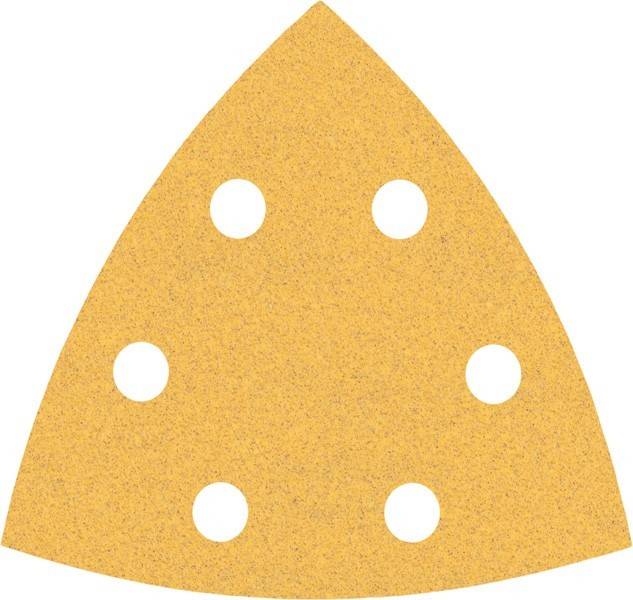 Ein dreieckiges Schleifpapierblatt mit sechs gleichmäßig verteilten Löchern, das für die Verwendung mit einem Präzisionsschleifer entwickelt wurde.