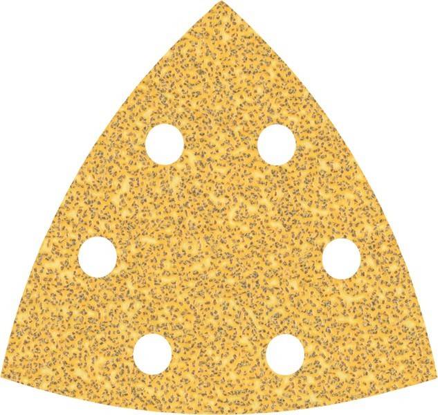Ein dreieckiges Schleifblatt mit sechs gleichmäßig über seine Oberfläche verteilten runden Löchern.