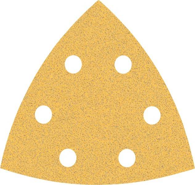 Ein dreieckiges, gelbes Schleifpapier-Pad mit sechs gleichmäßig verteilten Löchern, das zum Schleifen von Oberflächen verwendet wird.