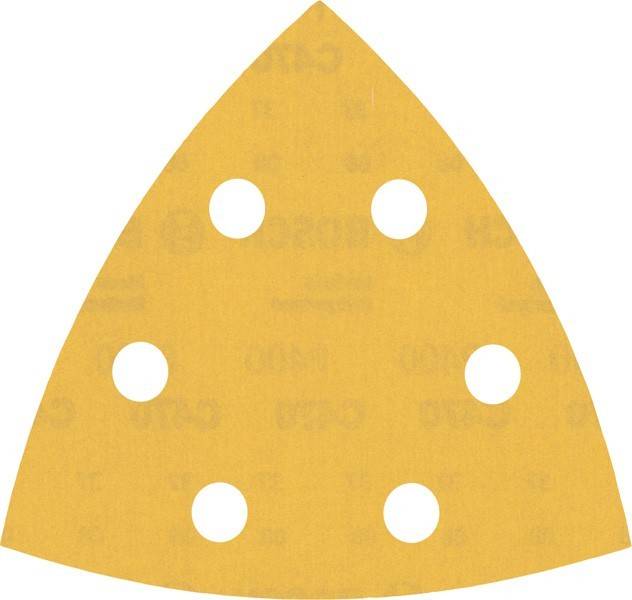 Ein dreieckiges, gelbes Schleifpad mit sechs gleichmäßig über seine Oberfläche verteilten kreisförmigen Löchern.