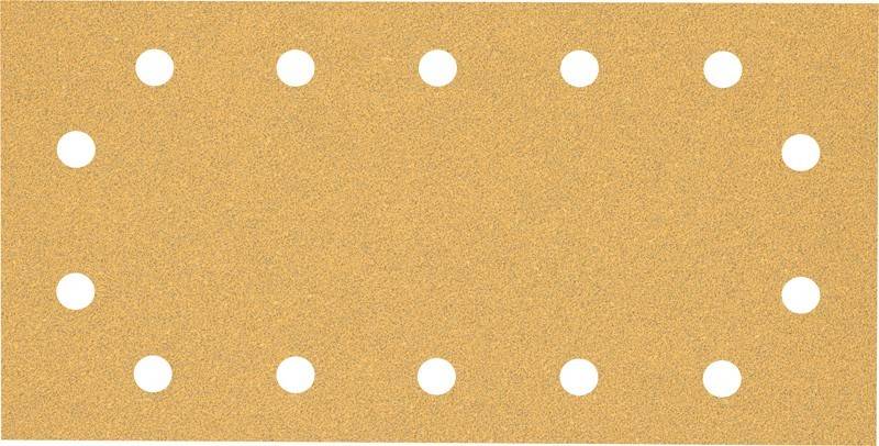 Ein rechteckiges Blatt Schleifpapier mit körniger Textur und sechs gleichmäßig verteilten kreisrunden Löchern, das zum Schleifen von Oberflächen verwendet wird.