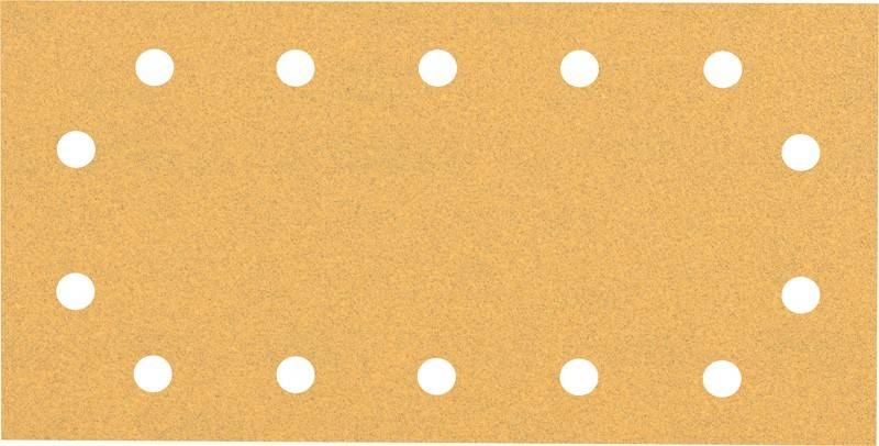 Ein rechteckiges Schleifpapierblatt mit acht gleichmäßig verteilten Löchern, die in zwei Reihen angeordnet sind und zum Schleifen von Oberflächen verwendet wird.