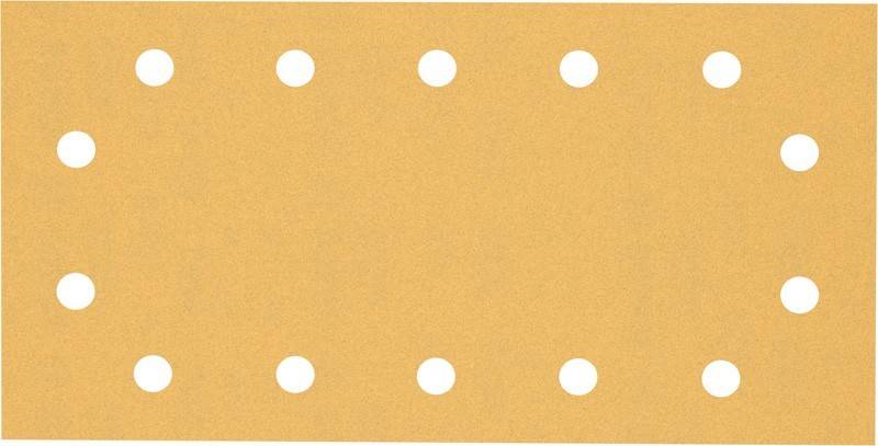 Ein rechteckiges Blatt Schleifpapier mit sechs gleichmäßig angeordneten Löchern in zwei Reihen, das zum Glätten von Oberflächen verwendet wird.