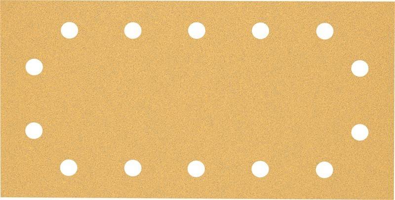 Ein Stück Schleifpapier mit sechs gleichmäßig angeordneten Löchern in zwei Reihen zu je drei über einer beigen Schleiffläche.