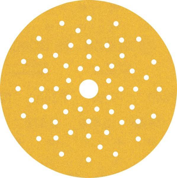 Eine runde gelbe Schleifpapierscheibe mit mehreren kleinen Löchern und einem zentralen größeren Loch, die in mechanischen Schleifwerkzeugen verwendet wird.