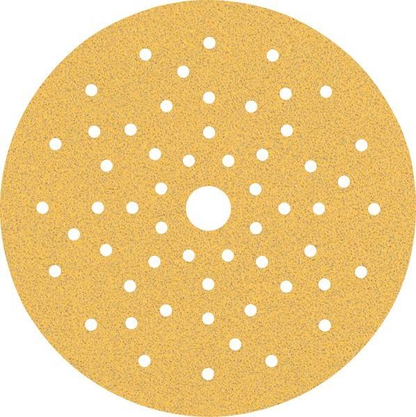 Eine abrasive Schleifscheibe mit perforiertem Design. Sie verfügt über ein zentrales Loch und gleichmäßig verteilte kleinere Löcher zur Staubabsaugung.