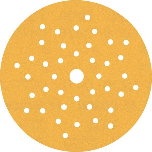 Eine runde, gelbe Schleifpapierscheibe mit einem zentralen Loch und zahlreichen gleichmäßig verteilten kleineren Löchern auf ihrer gesamten Oberfläche.