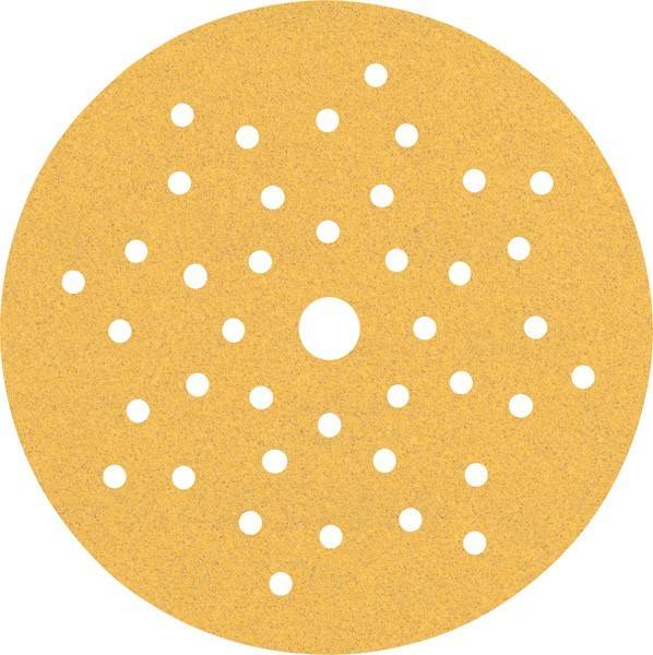 Eine kreisförmige Schleifpapier-Scheibe mit mehreren gleichmäßig über die Oberfläche verteilten Perforationen.