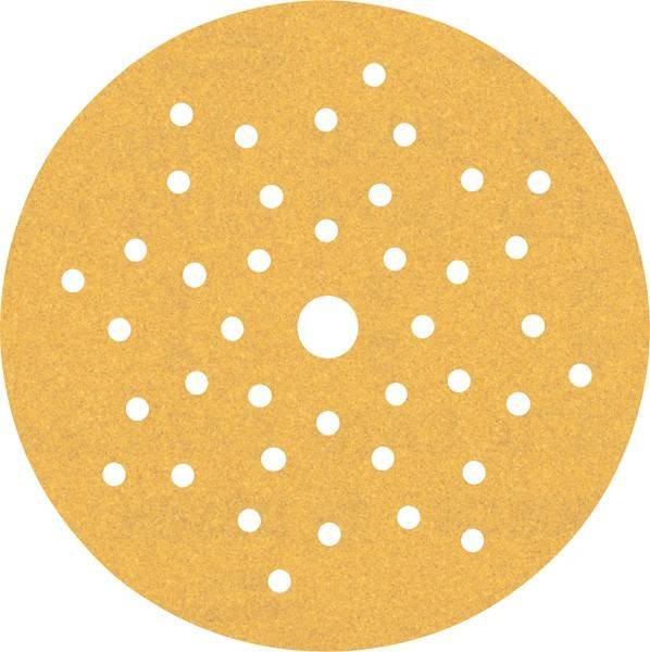 Runde Schleifpapierscheibe mit mehreren gleichmäßig verteilten kleinen Löchern, die zum Schleifen von Oberflächen verwendet wird. Hellbraune Farbe, grobe Textur.