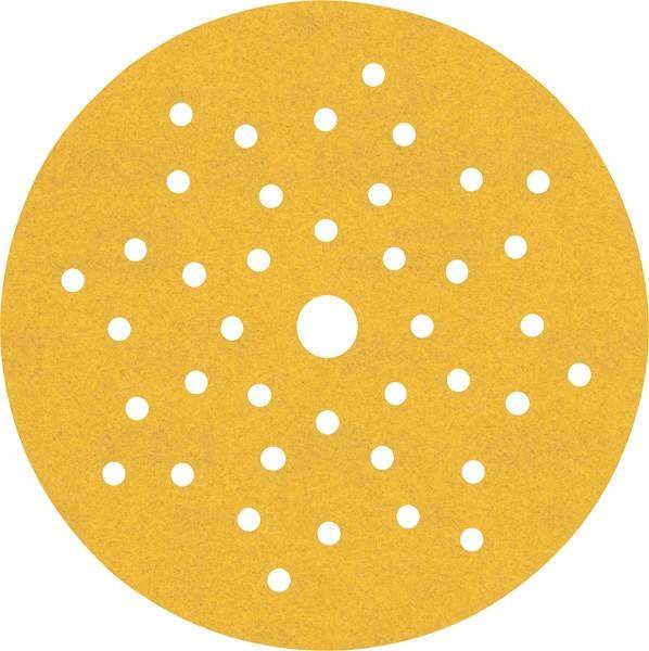 Eine runde gelbe Schleifscheibe mit mehreren kleinen Löchern und einem zentralen Loch zur Befestigung an einem Schleifgerät, die zum Glätten von Oberflächen verwendet wird.