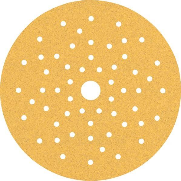 Eine runde, gelbe Schleifpapierscheibe mit mehreren kleinen Löchern, die in einem Spiralmuster angeordnet sind und zum Schleifen von Oberflächen verwendet wird.