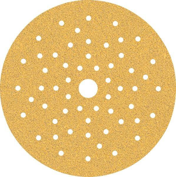 Runde, gelbe Schleifscheibe mit mehreren Löchern, die zum Schleifen und Glätten von Oberflächen verwendet wird.
