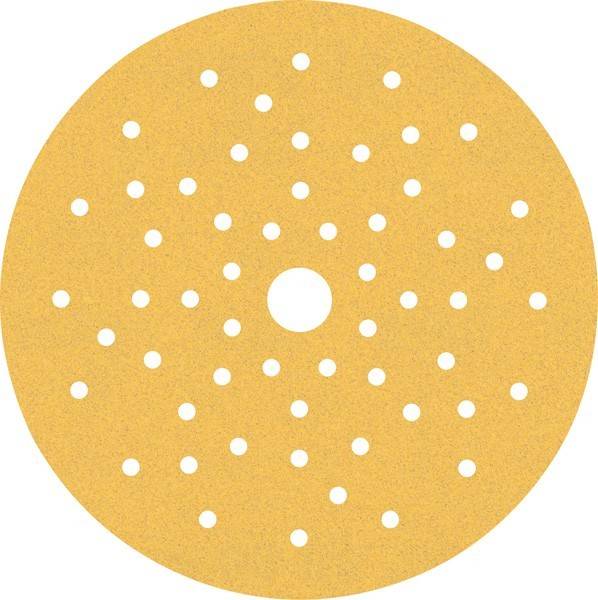 Eine kreisförmige, beige Schleifscheibe mit mehreren gleichmäßig verteilten Löchern, die zum Befestigen an einem Schleifgerät zum Glätten von Oberflächen verwendet wird.