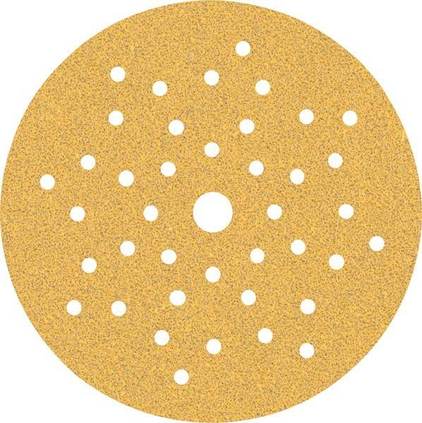 Runder Schleifpapierkreis mit mehreren Löchern, die in konzentrischen Kreisen angeordnet sind und zum Schleifen oder Polieren von Oberflächen verwendet wird.