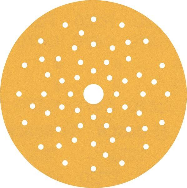 Eine runde, gelbe Schleifpapier-Scheibe mit Löchern, die in konzentrischen Kreisen angeordnet sind, die zum Schleifen von Oberflächen mit einem Exzenterschleifer verwendet wird.