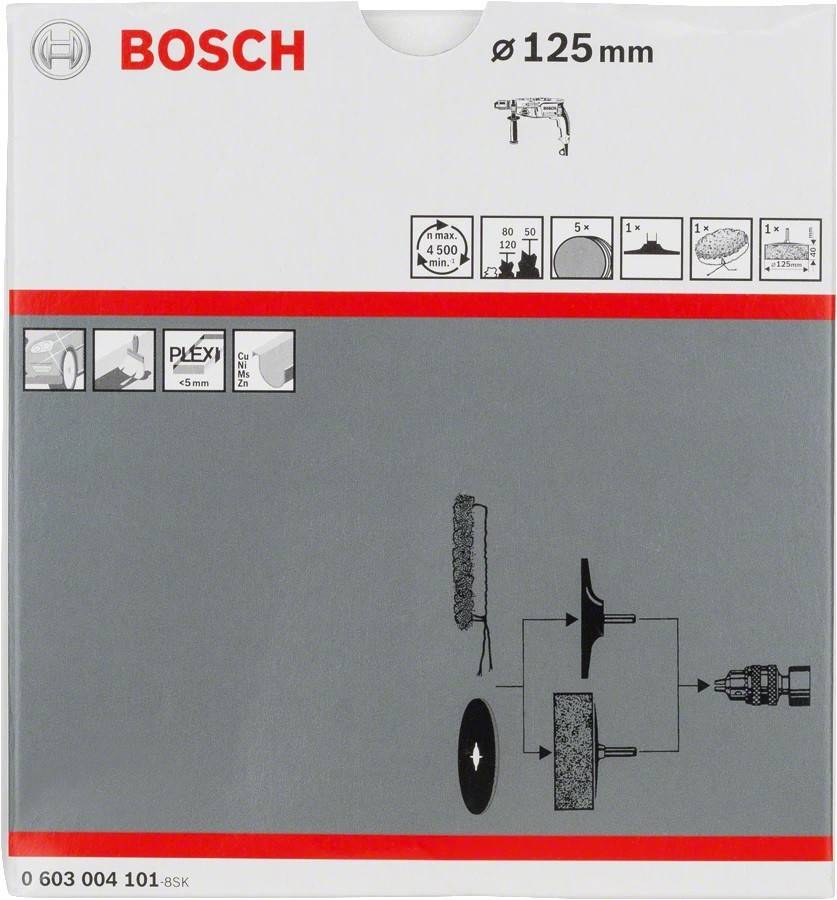 Bosch 125mm Winkelschleifer Trennscheibe Verpackung; enthält Produktspezifikationen und Abbildungen zur korrekten Montage und Verwendung.