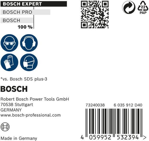 Ein Bosch-Verpackungsetikett für ein Bohrwerkzeug, das Sicherheitssymbole, Markenname, einen QR-Code und einen Barcode zeigt, mit der Bezeichnung 