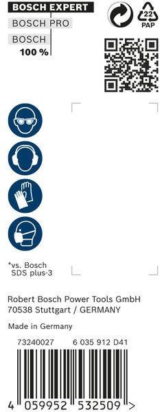 Symbole für Sicherheitsausrüstung: Helm, Gehörschutz, Handschuhe, Maske. Text darunter liest sich: '*vs. Bosch SDS plus-3'.