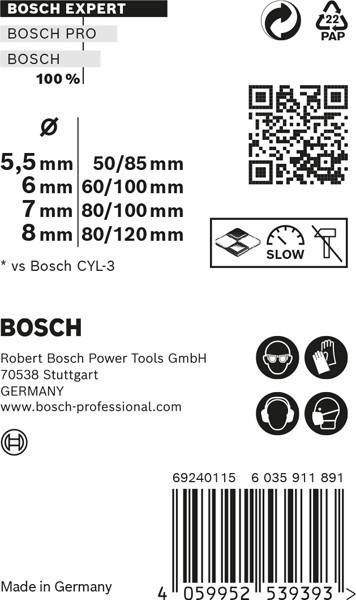 Bohrereinsatzgrößen und empfohlene Materialien; QR-Code; Sicherheitssymbole; Bosch Kontaktinformationen mit Websitelink.
