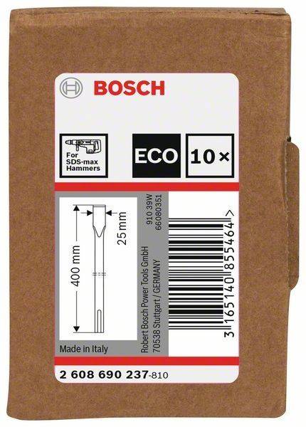 Bosch' SDS-max Bohrhammer-Bohrerspitze Verpackung, ECO-Etikett, 10 Stück. Zeigt Bohrerspitzengröße: 400 mm Länge, 25 mm Durchmesser, 'Made in Italy'.