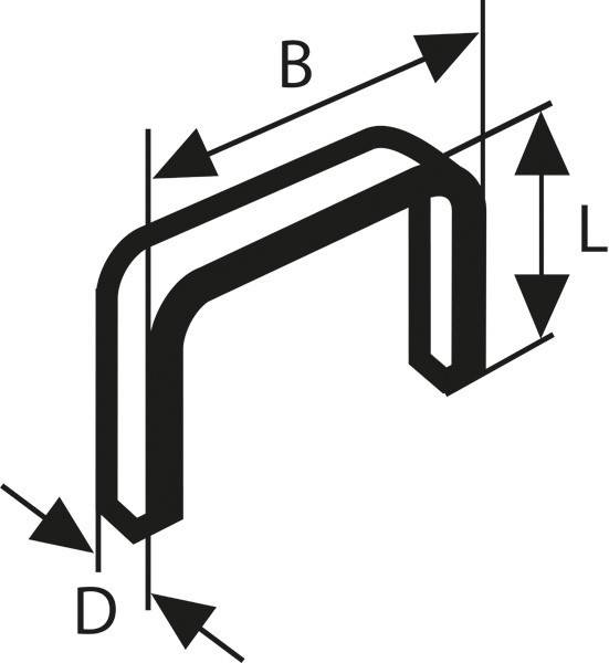 Diagramm einer Metallhalterung mit Dimensionen: B für Breite, L für Länge und D für Tiefe. Pfeile zeigen die Messrichtungen an.